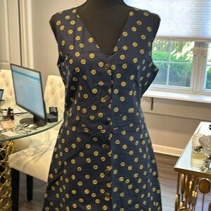 Linen blend navy blue dress with yellow flowers . Button up . Fully lined